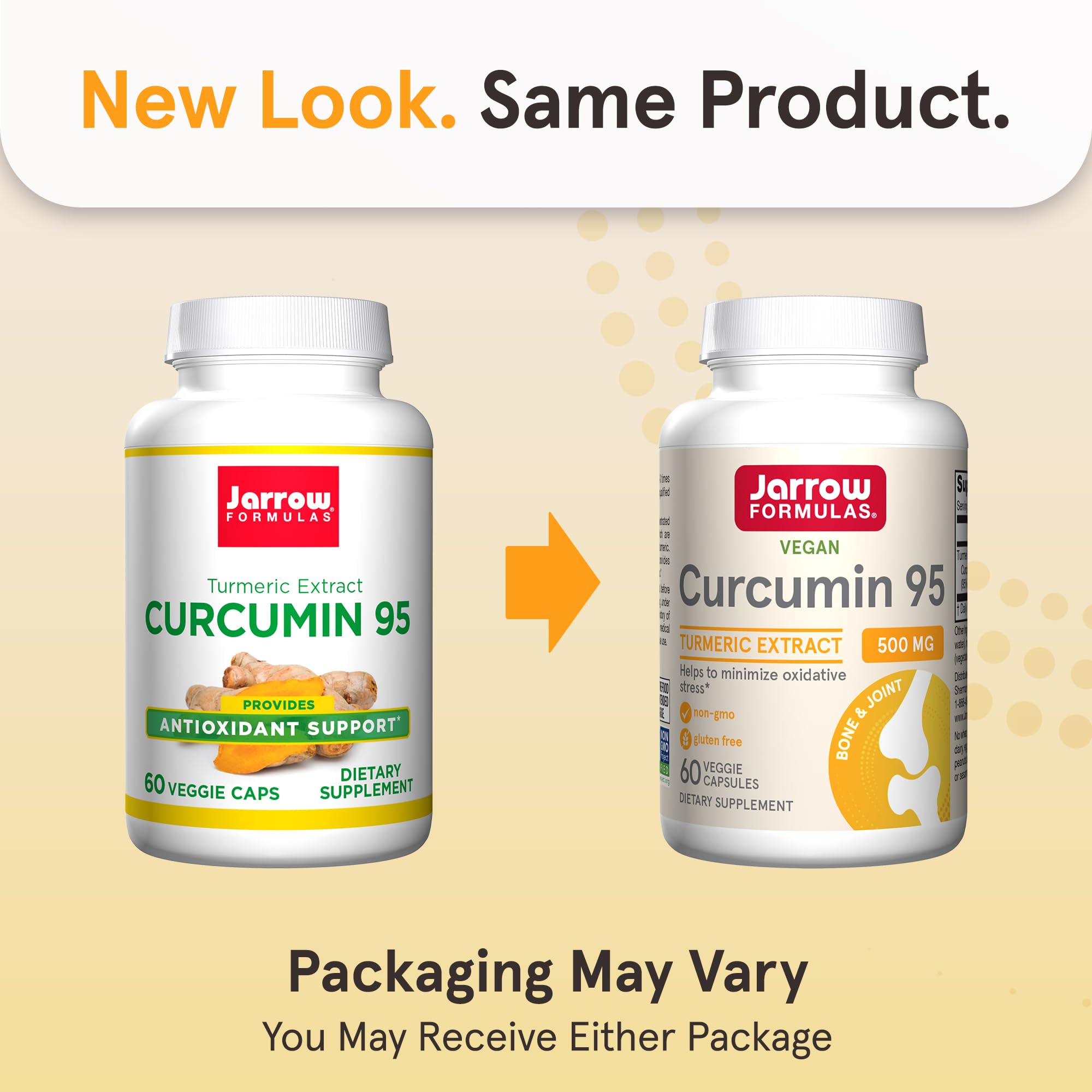 Close-up of Jarrow Formulas Curcumin 95 capsules showing veggie capsule form for easy daily use