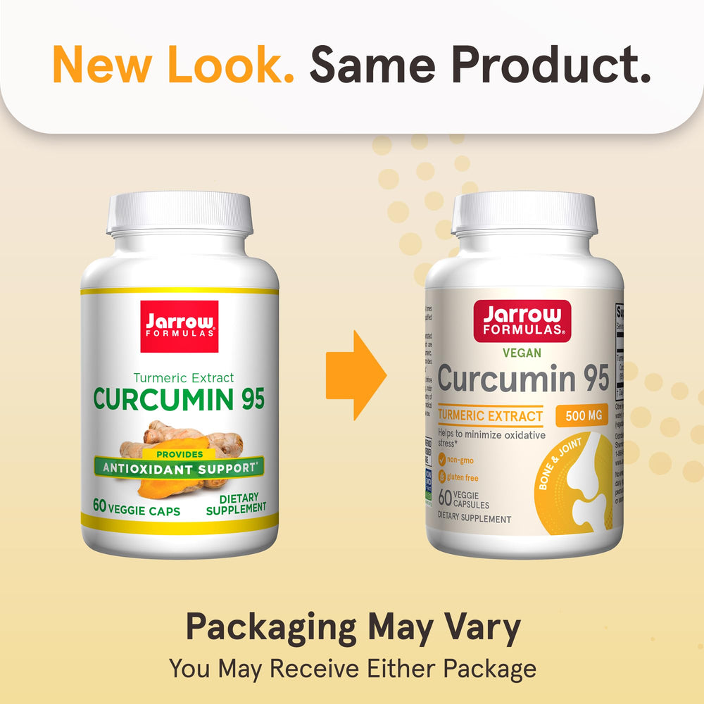 Close-up of Jarrow Formulas Curcumin 95 capsules showing veggie capsule form for easy daily use