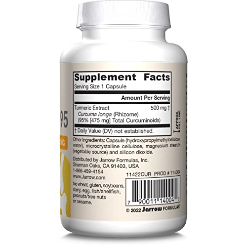 Nutrition label close-up on Jarrow Formulas Curcumin 95 bottle, emphasizing clear ingredient details