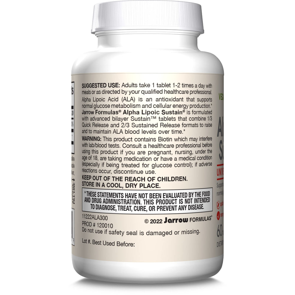 Jarrow Formulas Alpha Lipoic Sustain nutrition facts panel clearly visible