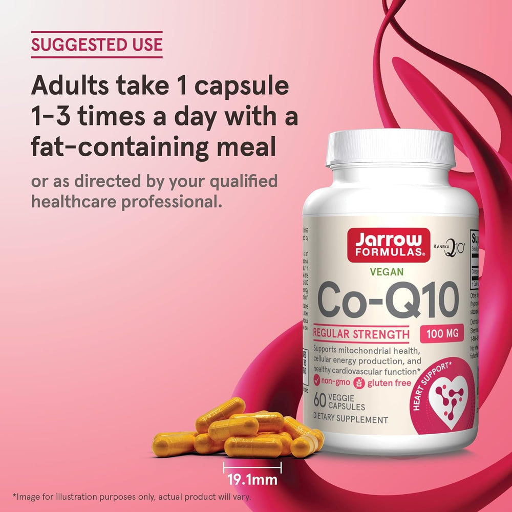Close-up of Co-Q10 packaging detail emphasizing dosage and serving size.