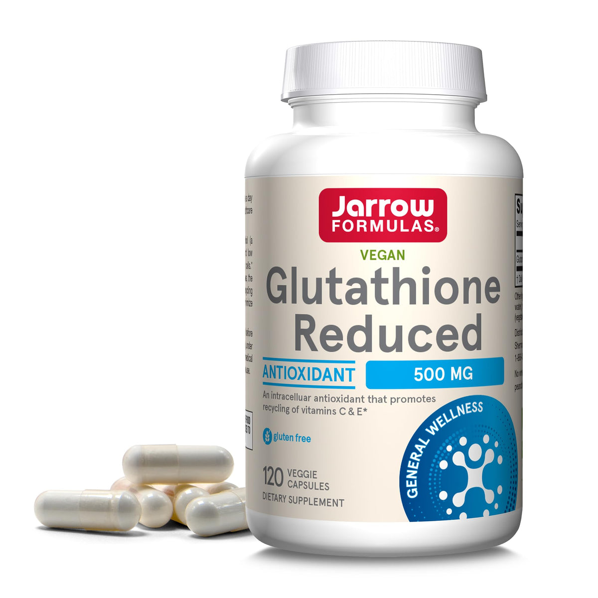 Jarrow Formulas Glutathione Reduced 500 mg bottle for daily antioxidant support