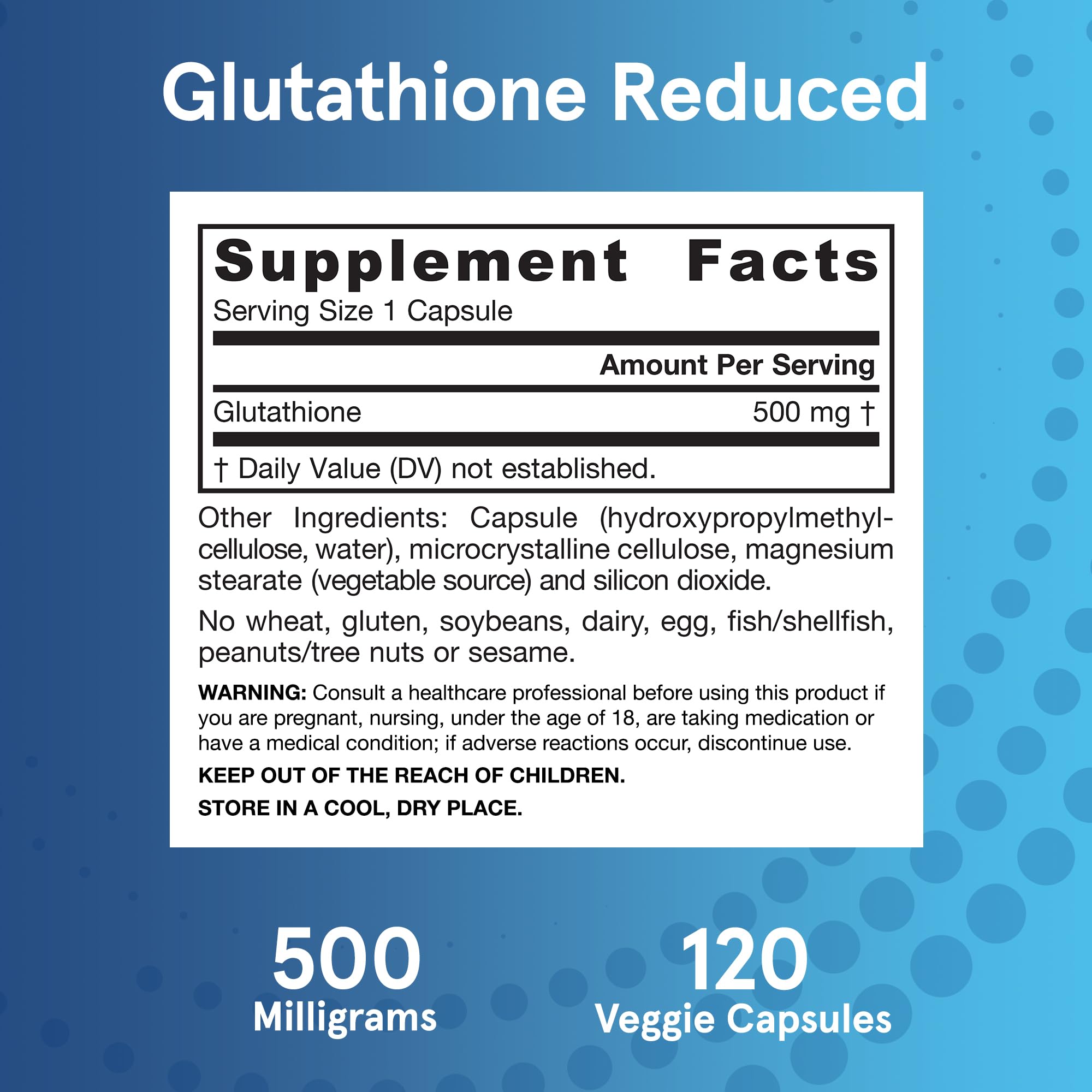 Jarrow Formulas Glutathione Reduced dosage card showing one capsule per day