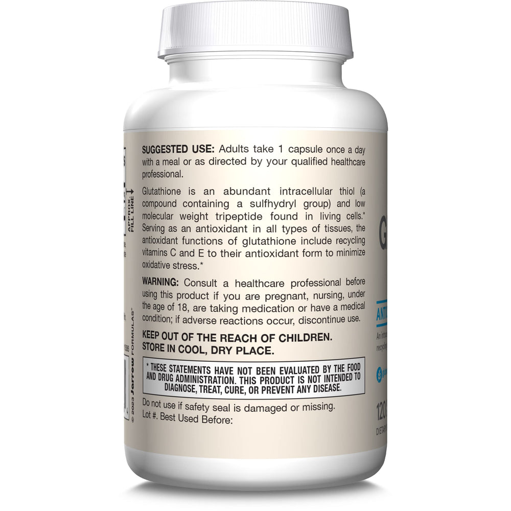 Jarrow Formulas Glutathione Reduced packaging highlighting gluten-free and vegan
