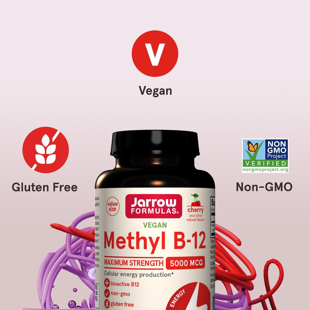 Jarrow Formulas Methyl B-12 5000 mcg cherry-flavored tablets on table