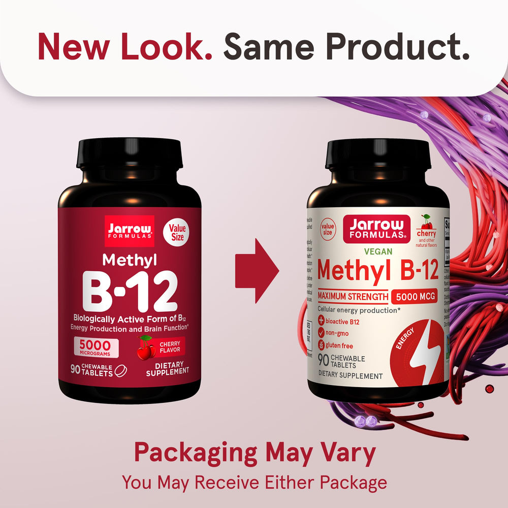 Jarrow Formulas Methyl B-12 5000 mcg chewable tablets closeup, bright cherry flavor