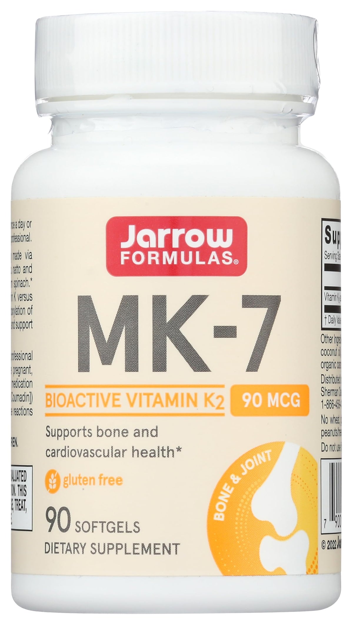 Jarrow Formulas MK-7 bottle front showing convenient daily Vitamin K2 support.