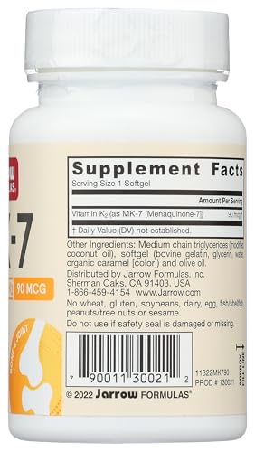 Jarrow Formulas MK-7 vitamins in bottle show 90 mcg per softgel.