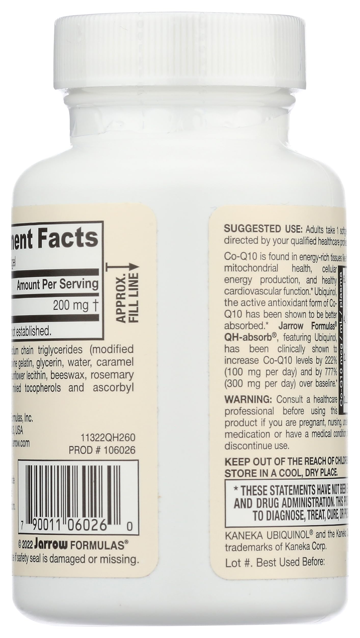 Jarrow Formulas QH-absorb 200 mg softgels bottle label closeup showing dosage options.