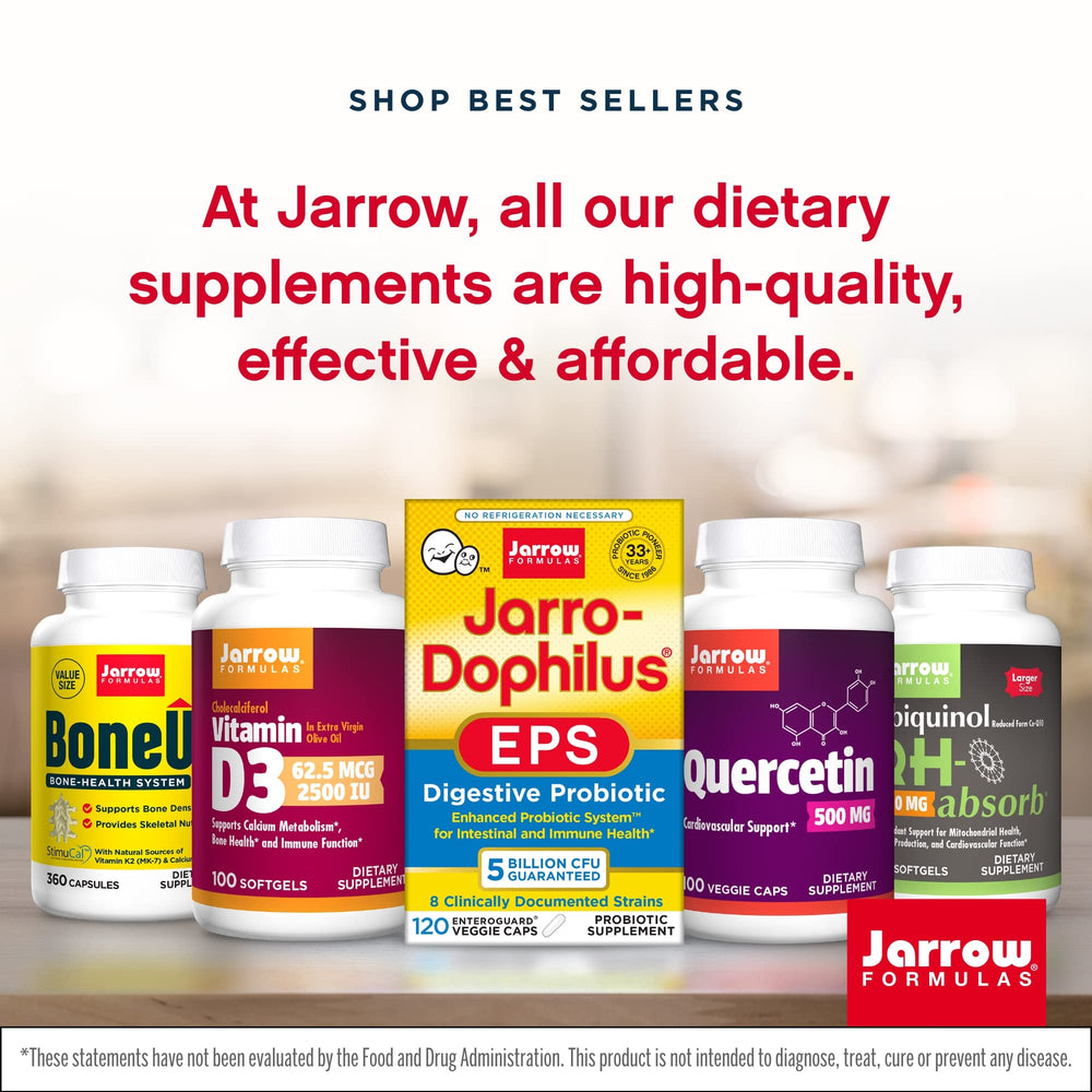 Jarrow Formulas Saccharomyces Boulardii capsules pictured with water, supporting daily digestive comfort.