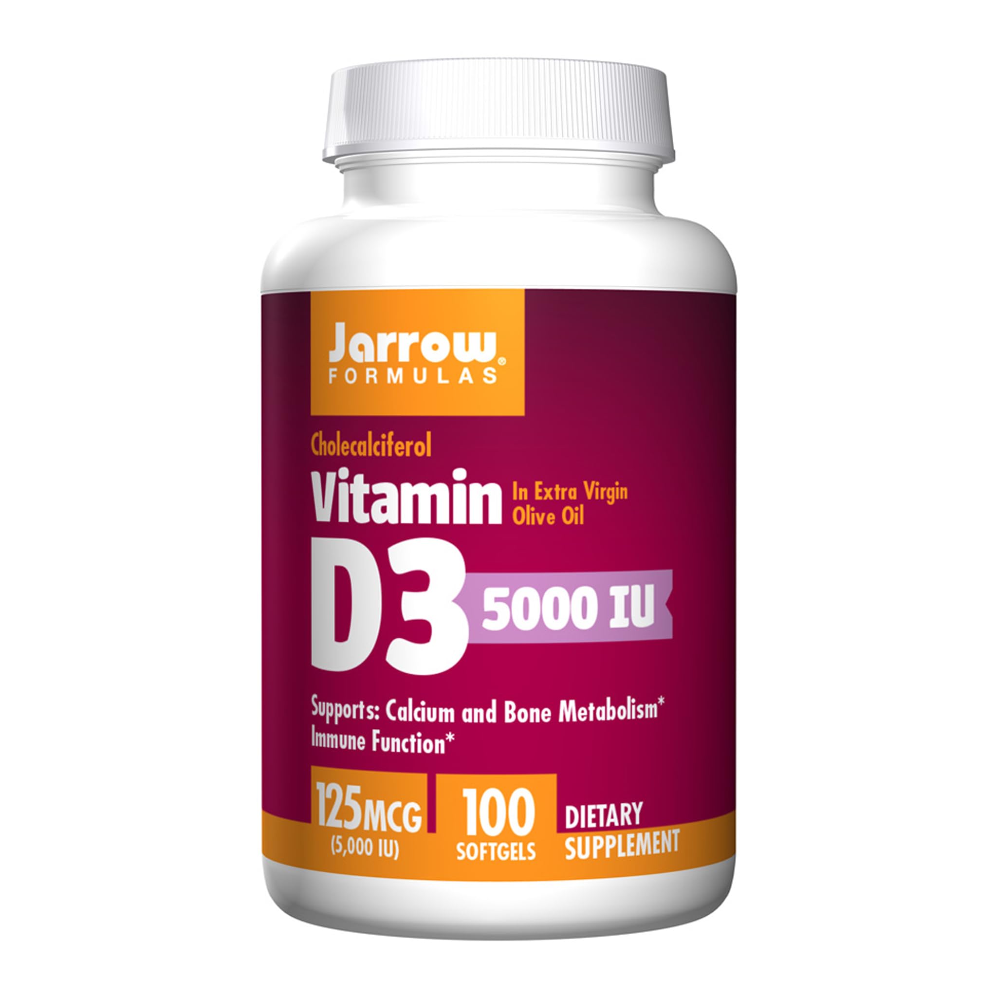 Jarrow Formulas Vitamin D3 5000 IU softgels bottle on countertop for daily immune and bone support.
