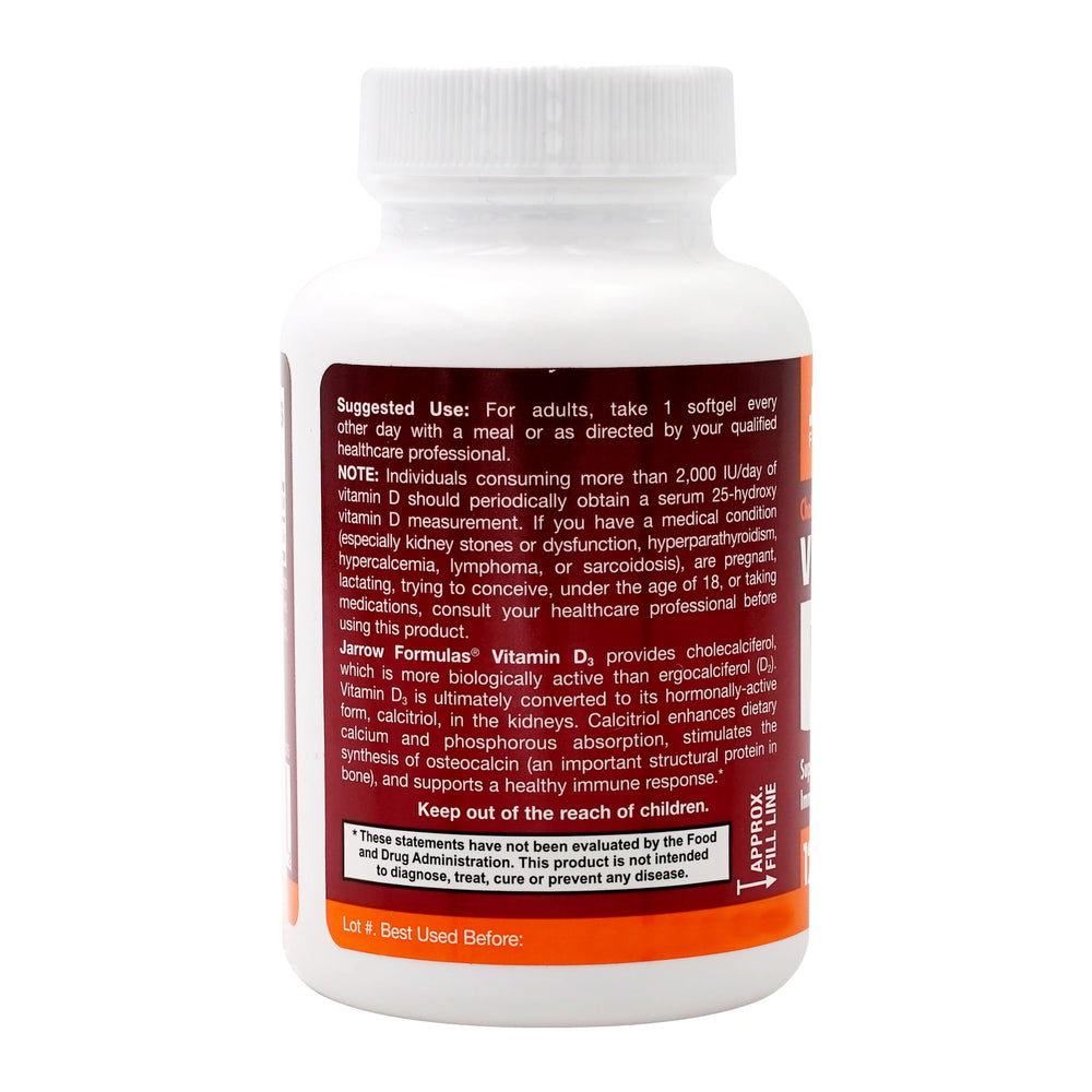 Jarrow Formulas Vitamin D3 softgels on shelf, convenient daily use with meals.