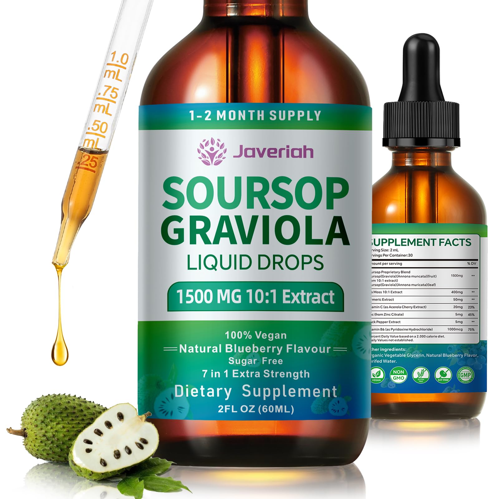 Javeriah Soursop Drops bottle and pour for easy daily intake