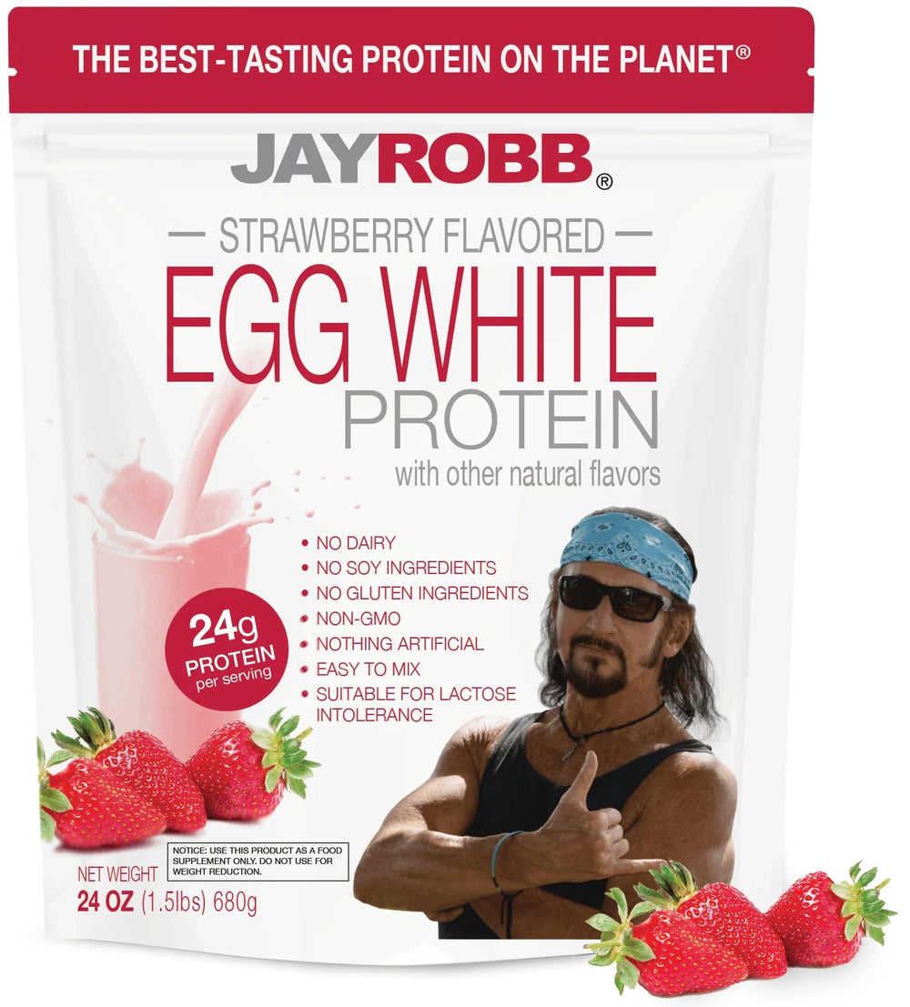 Jay Robb Strawberry Egg White Protein bag front, convenient protein source for on-the-go workouts.