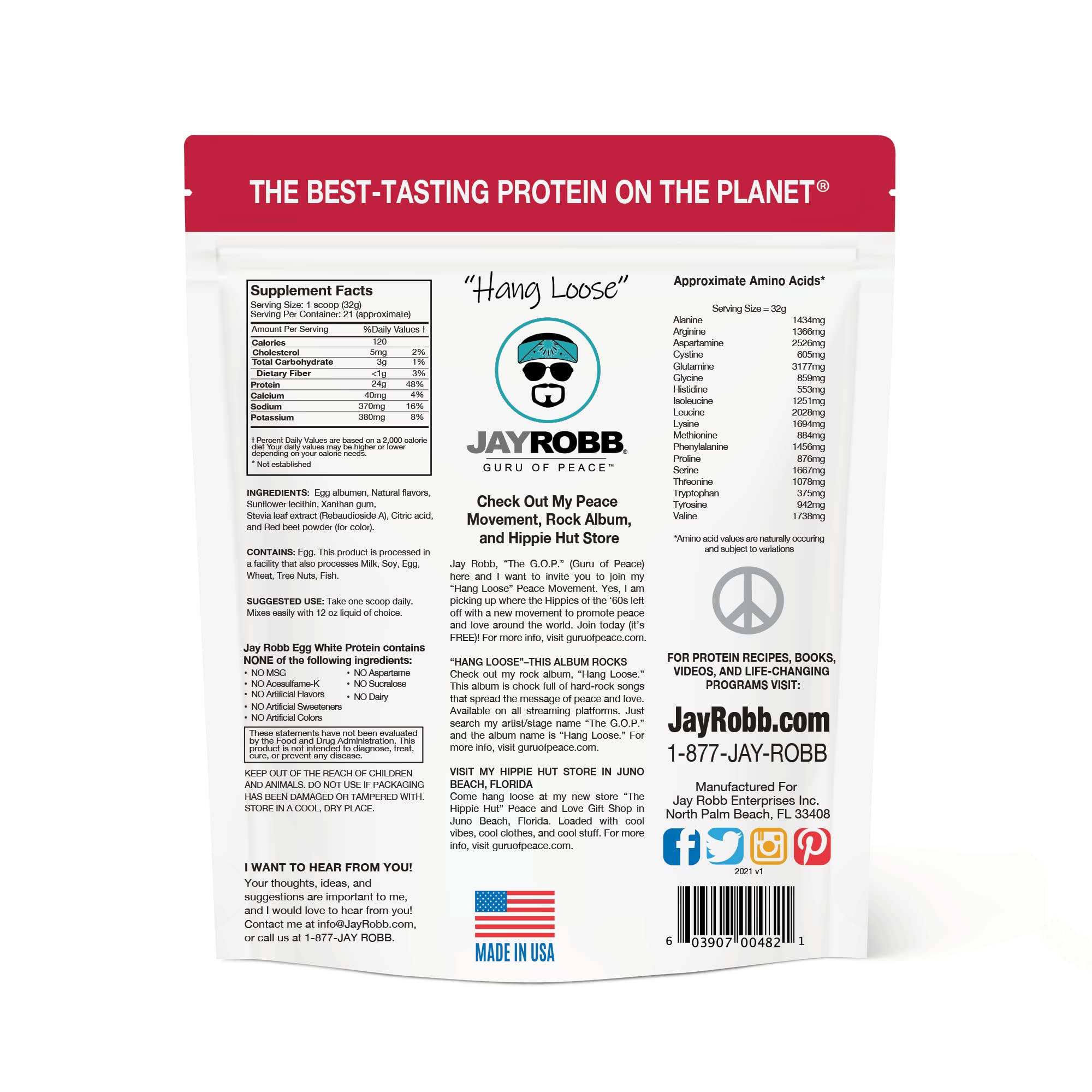 Jay Robb Strawberry Egg White Protein nutrition label highlighting low sugar and high protein.