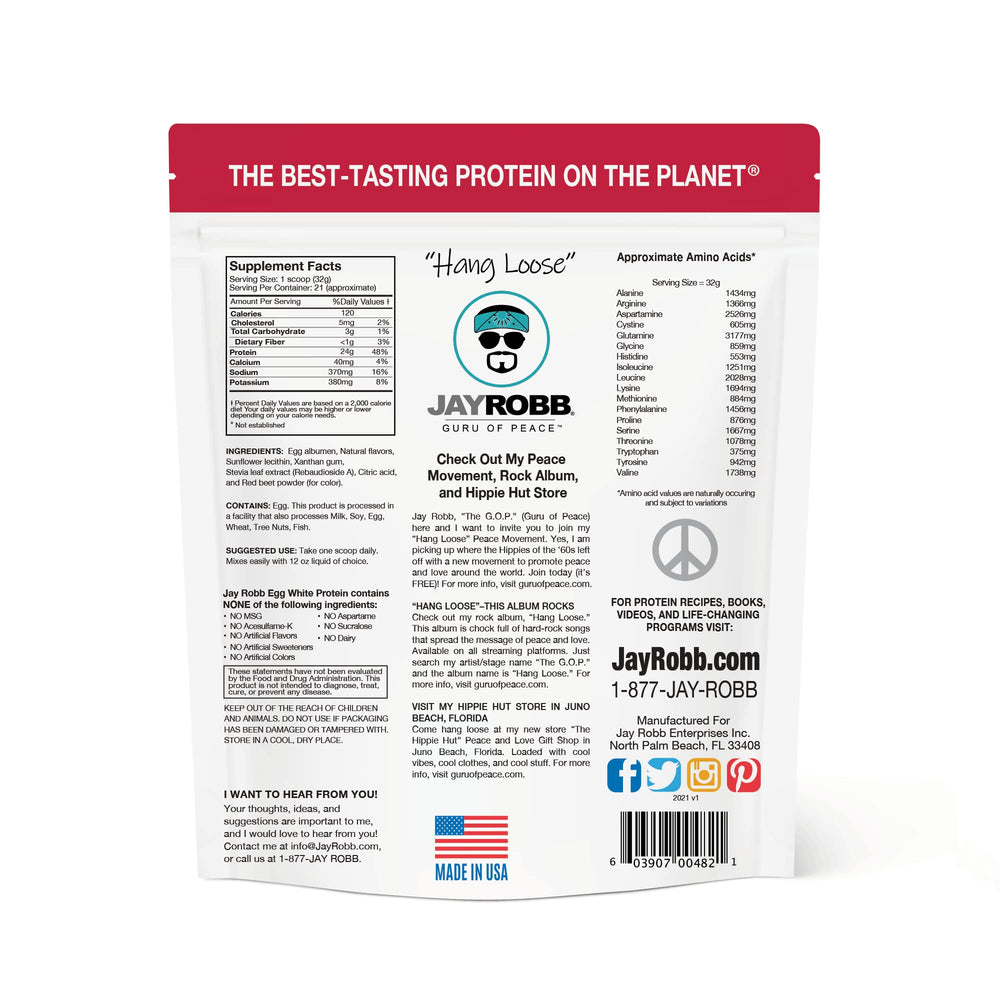 Jay Robb Strawberry Egg White Protein nutrition label highlighting low sugar and high protein.