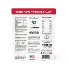 Jay Robb Strawberry Egg White Protein nutrition label highlighting low sugar and high protein.