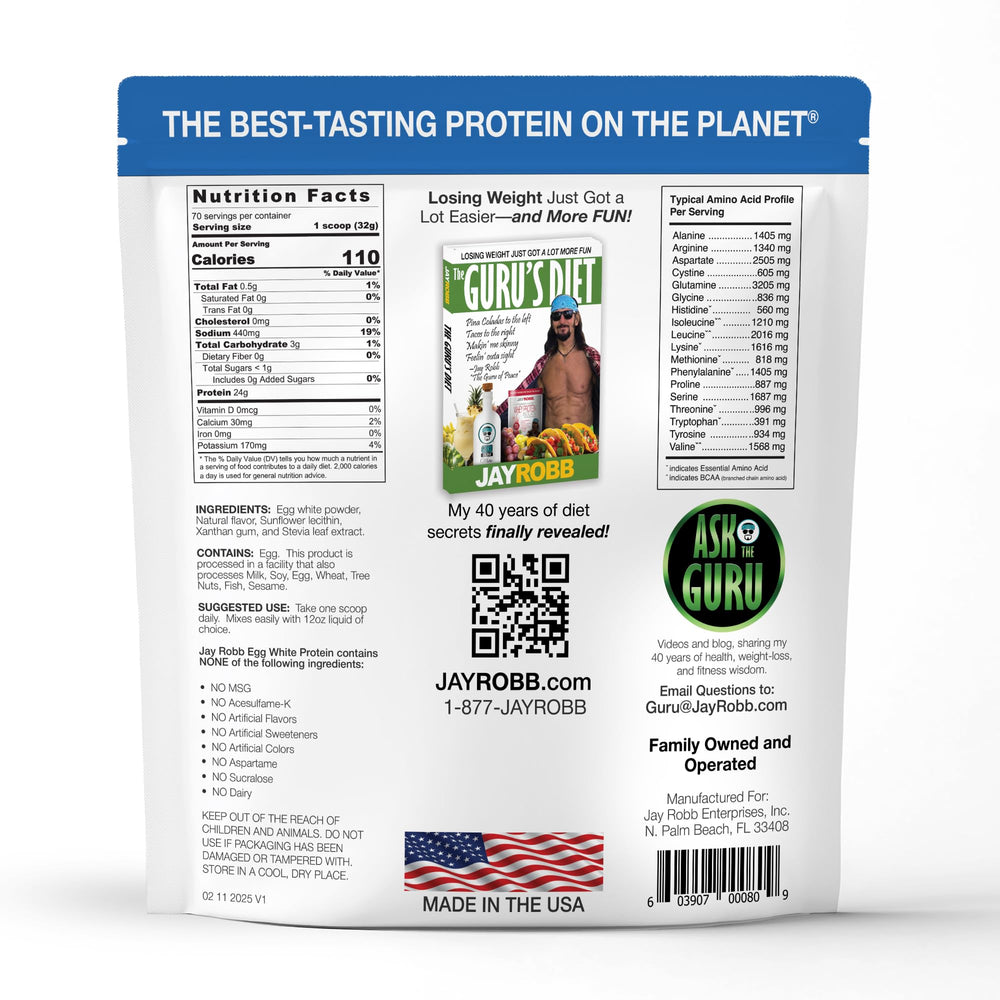 JAYROBB Vanilla Egg White Protein label highlights clean ingredients and no artificial additives.
