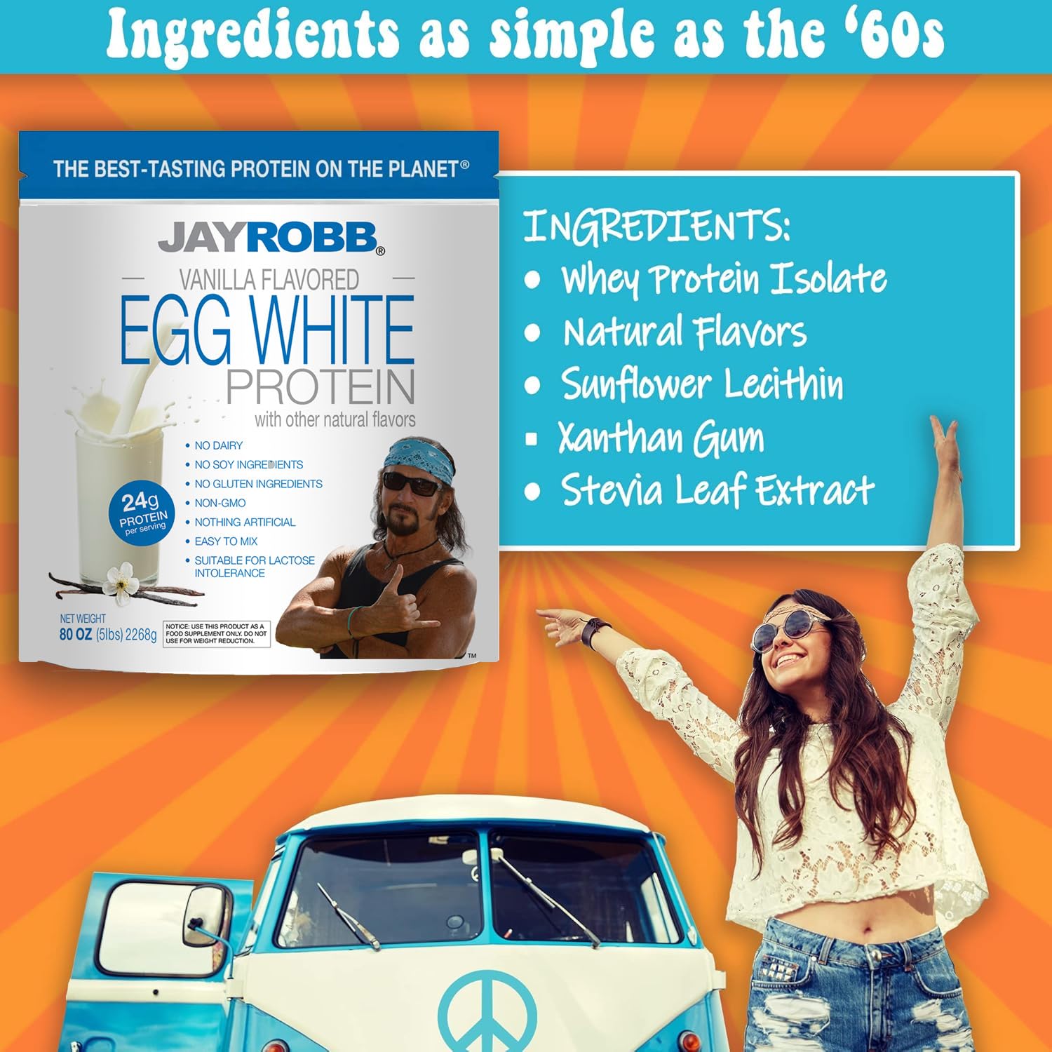JAYROBB Vanilla Egg White Protein nutrition facts panel highlights protein content per serving.