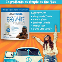JAYROBB Vanilla Egg White Protein nutrition facts panel highlights protein content per serving.