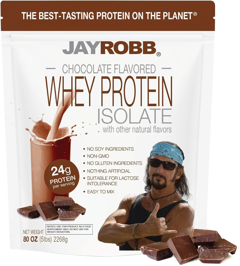 JAYROBB Whey Protein 5lb chocolate front label highlights premium isolate for quick fueling