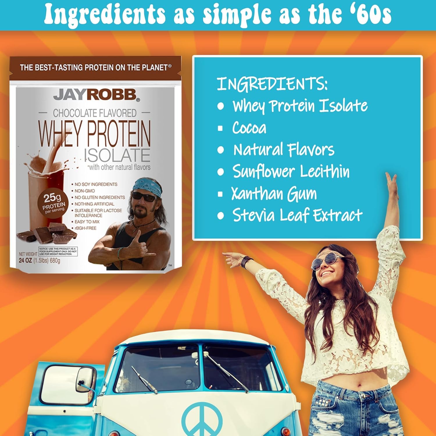 Jay Robb Whey Protein Chocolate packaging highlighting gluten-free and non-GMO features