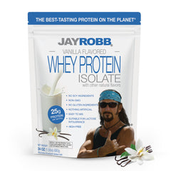 JayRobb vanilla whey protein container, lactose- and casein-free for dairy-sensitive use.