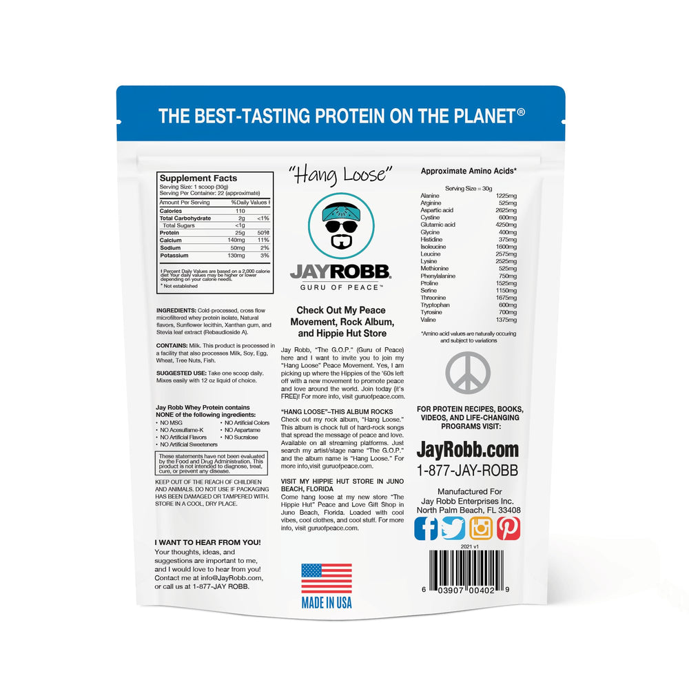 Jay Robb Whey Protein Vanilla pour shows a creamy shake for on-the-go nutrition.
