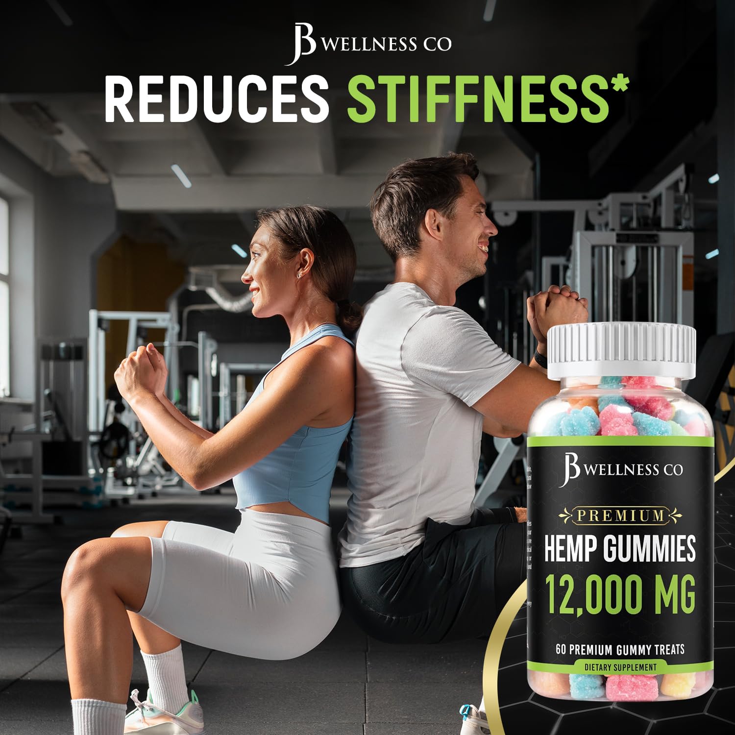 JB Wellness Co bottle and gummies being poured, highlighting texture and aroma.