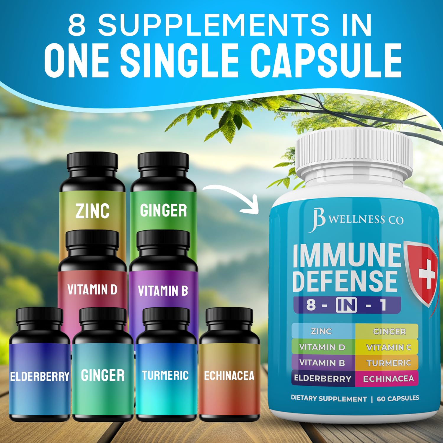 JB Wellness Co ginger root and turmeric imagery for warm, earthy notes.