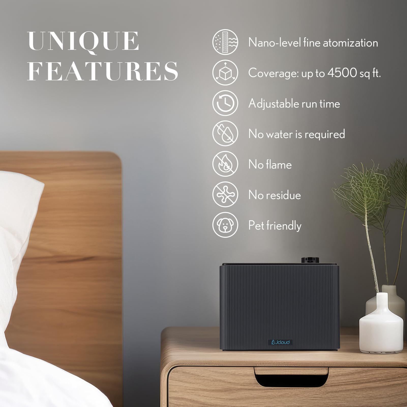 JCLOUD large-coverage diffuser up to 4500 sq ft enhances rooms.