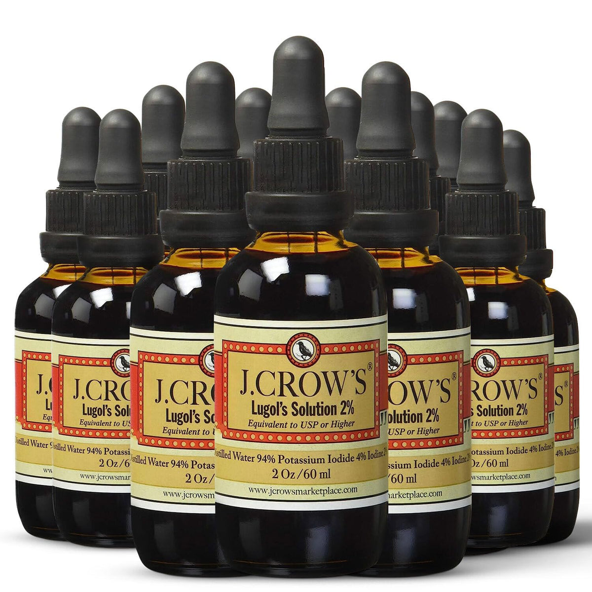 J. CROW'S Lugol's 2% bottle close-up showing a pure iodine source.