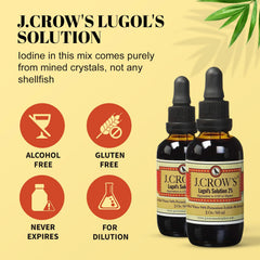 JCROW'S Lugol's 2% iodine label shows ingredients and shelf-life information.