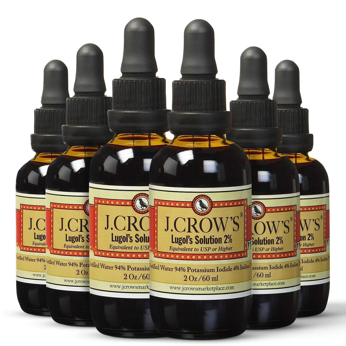 JCROW'S Lugol's iodine bottle close-up showing precise dropper and clear labeling.