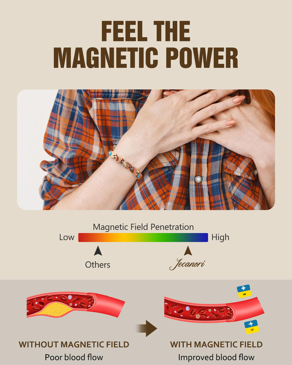Warm-toned copper bracelet from Jecanori with sparkling gemstones