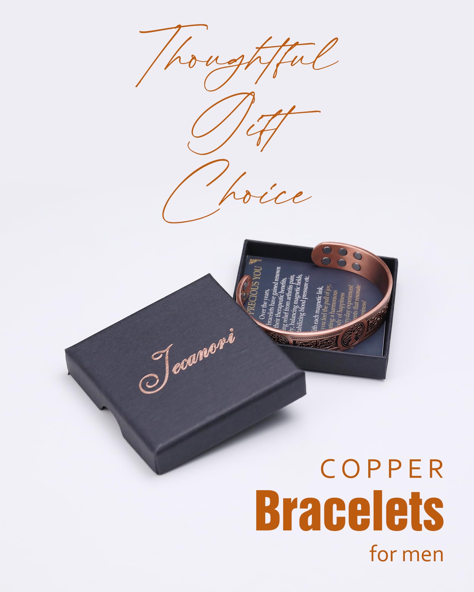 Jecanori copper bracelet dimensions highlight length and width for proper fit.