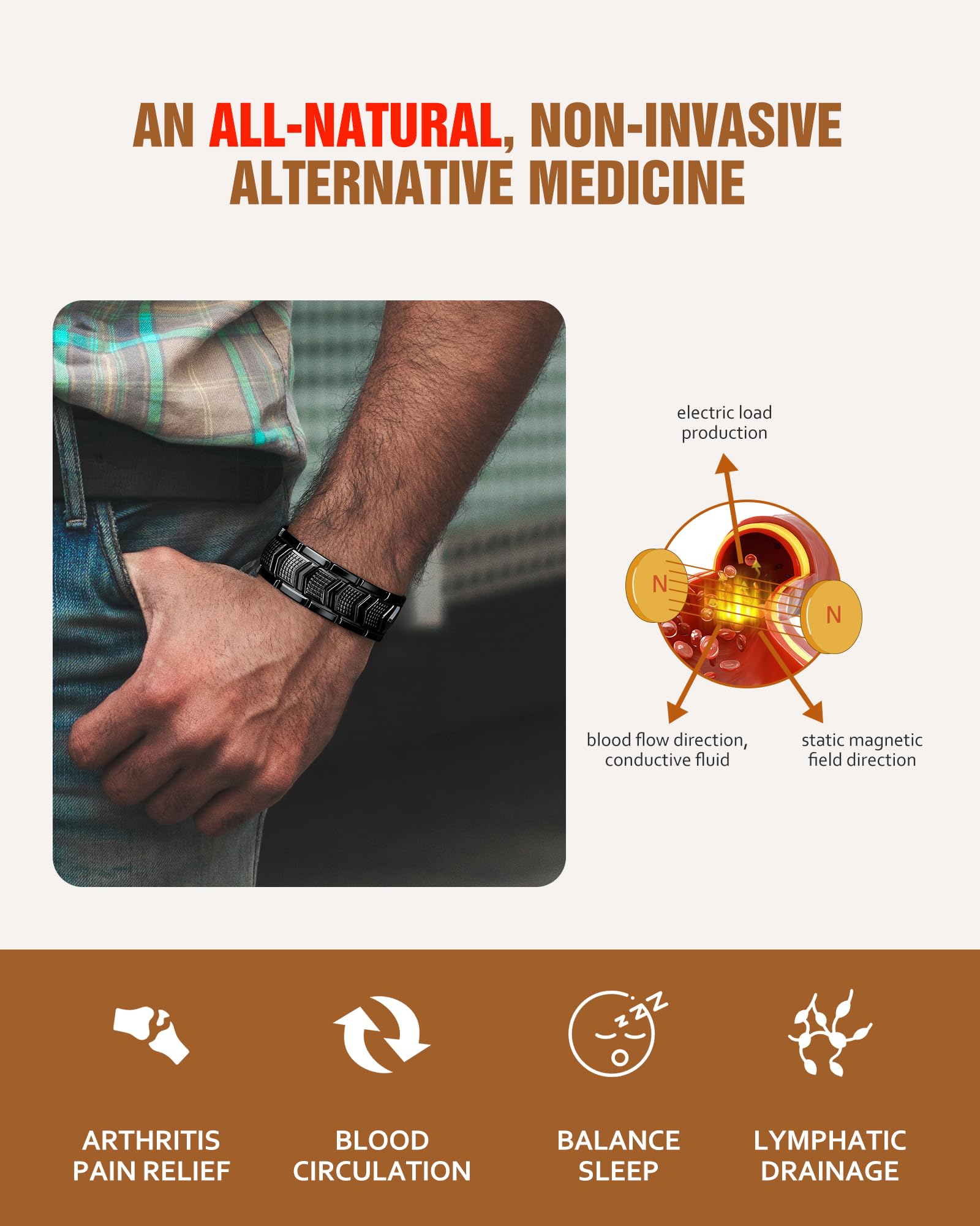 Jecanori copper bracelet showing magnetic 3x strength links for daily balance