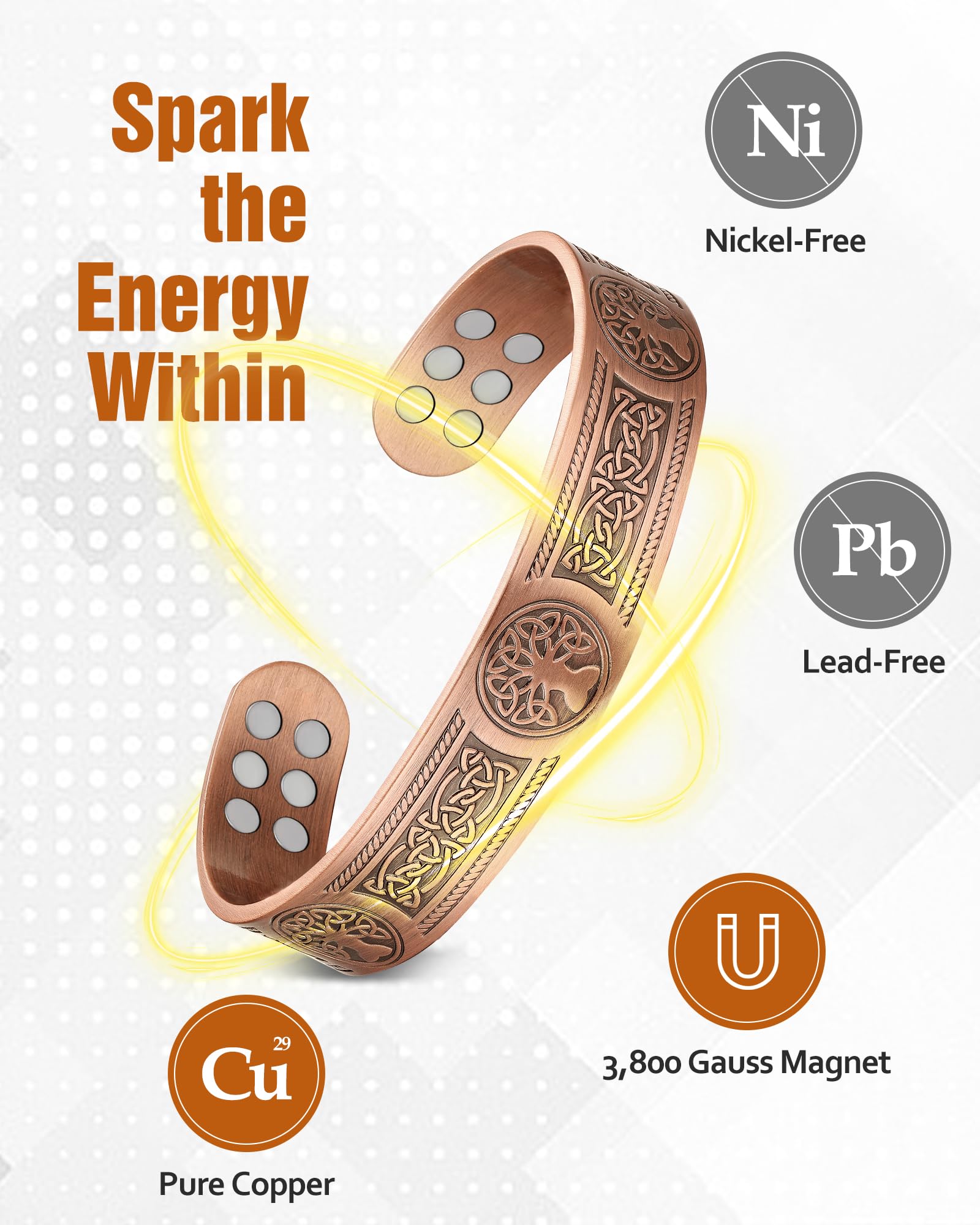 Jecanori copper bracelet close-up reveals 18 magnets for versatile use.