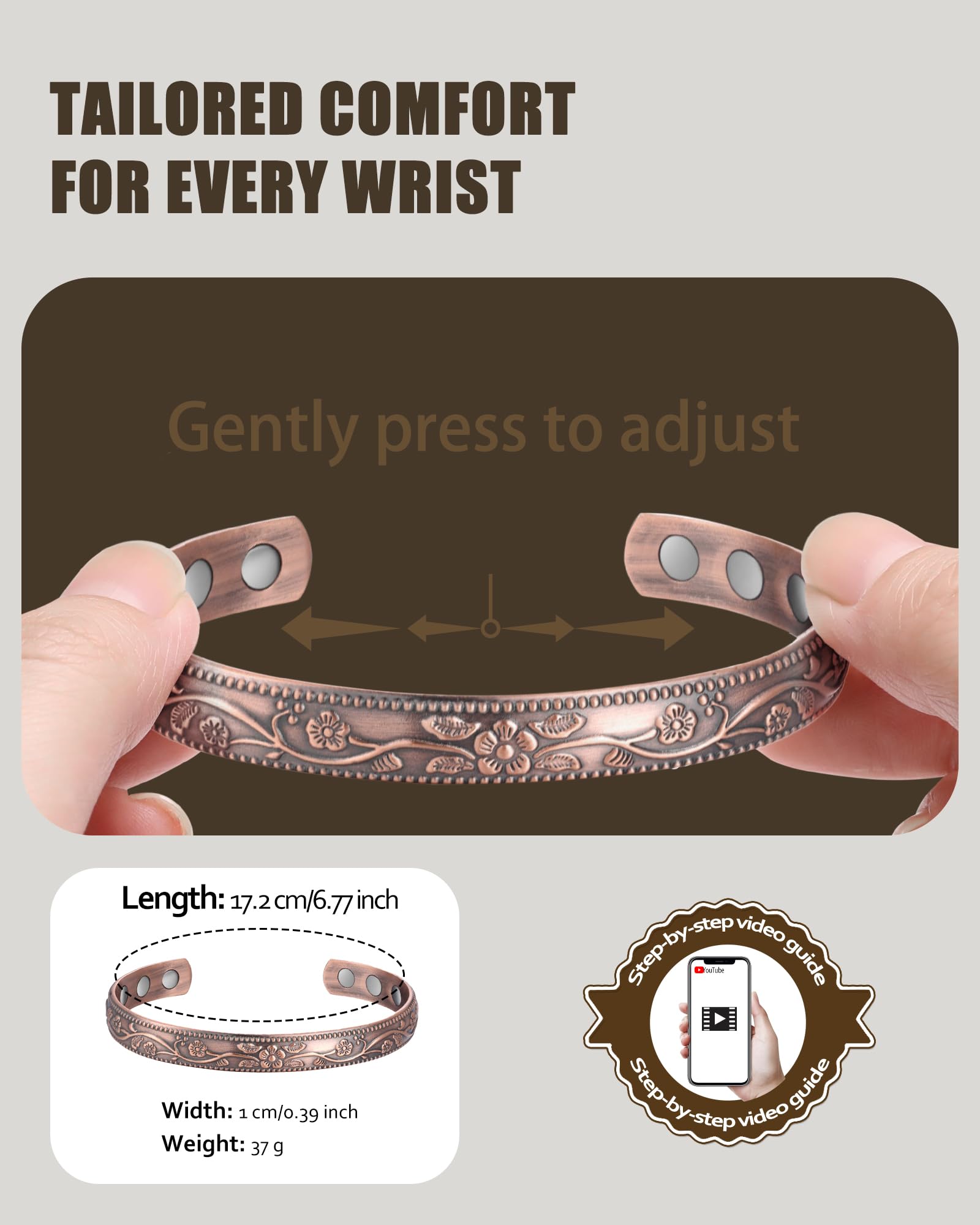 Jecanori daily wear magnetic copper bracelet highlighting comfortable wear and magnetic features