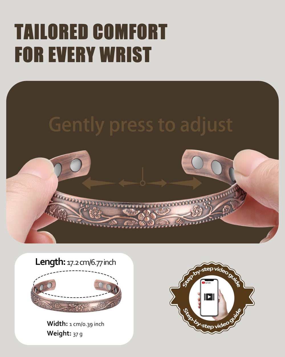 Jecanori daily wear magnetic copper bracelet highlighting comfortable wear and magnetic features