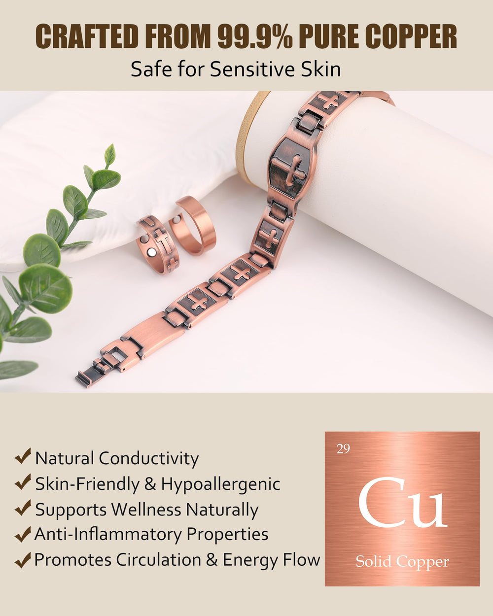 Jecanori hypoallergenic copper, nickel-free finish for sensitive skin.