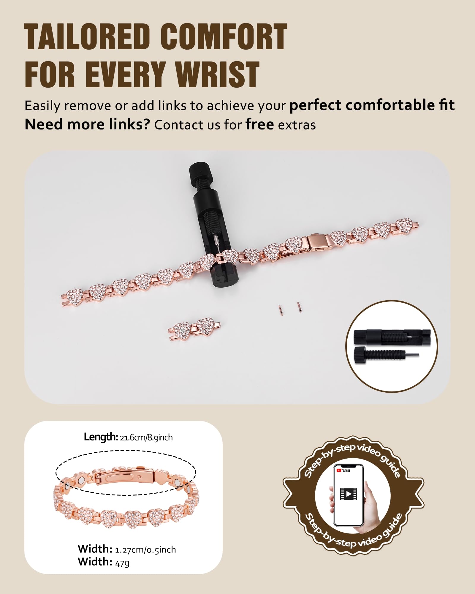 Jecanori magnetic copper bracelet for women includes a free adjustment tool for size tweaks.