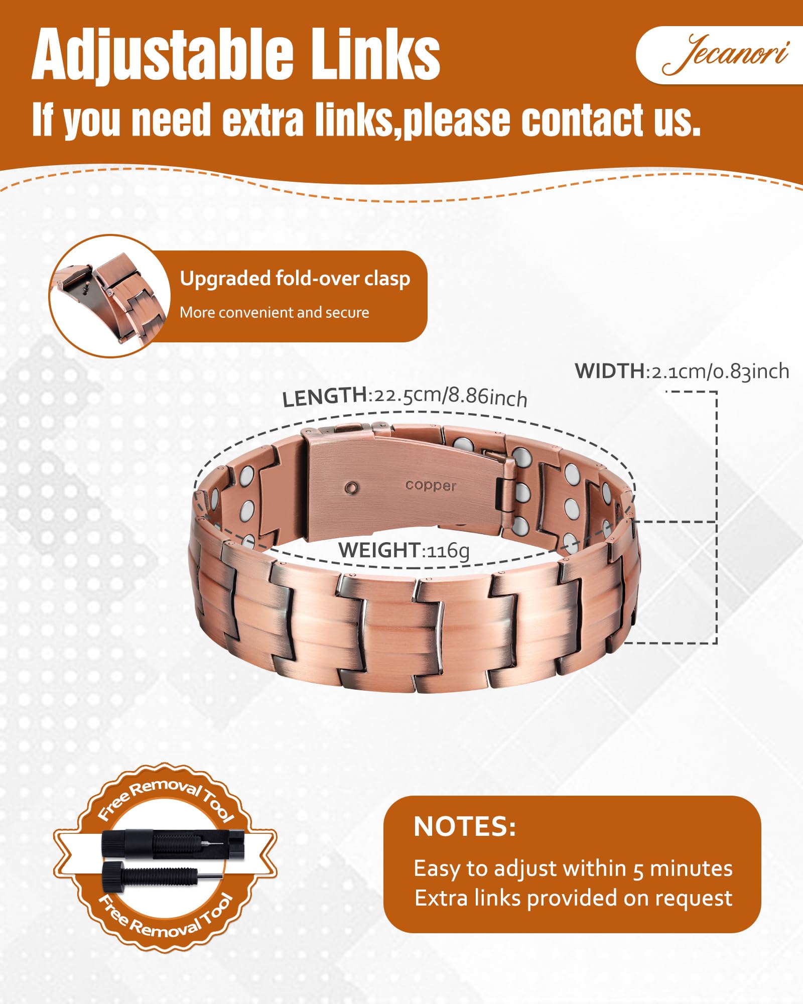 Jecanori bracelet worn to complete outfits for work and leisure.