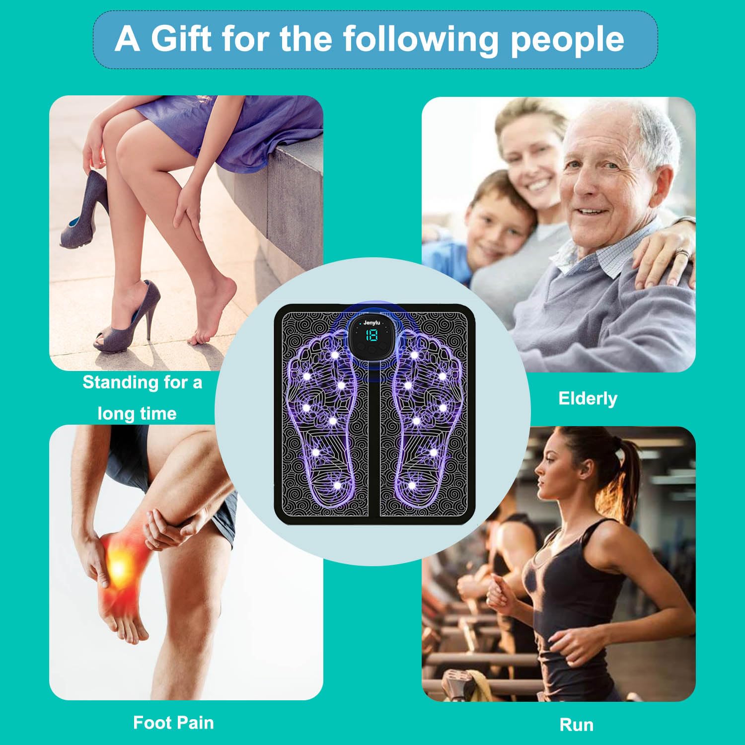 Jenylu EMS Foot Massager Mat in-use foot therapy promotes circulation and relaxation