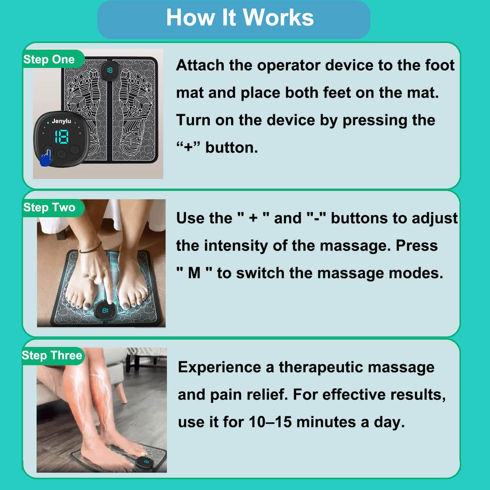 Jenylu EMS Foot Massager Mat rechargeable battery enables cordless use