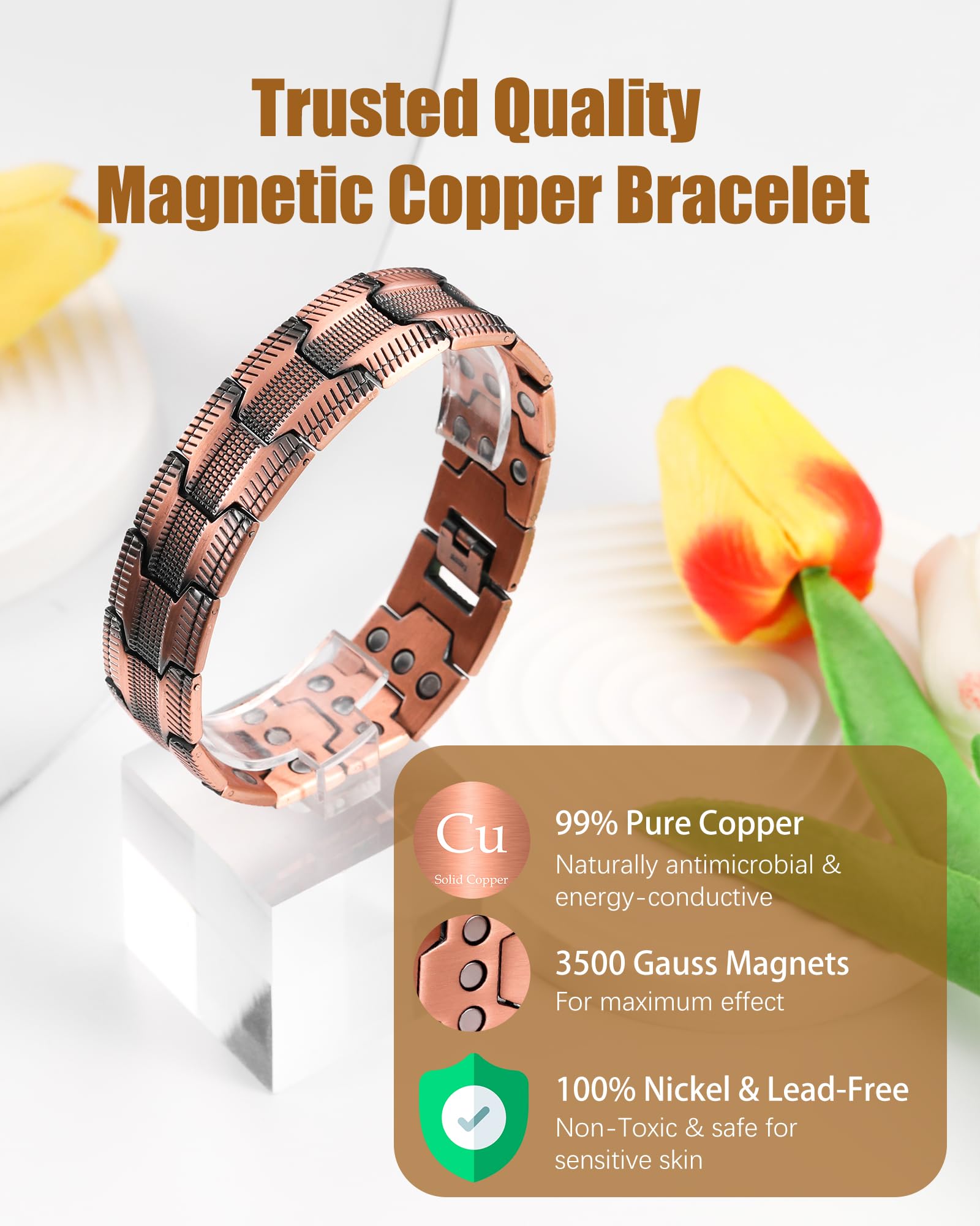 Jeracol bracelet demonstrates adjustable length with a sizing tool for a precise fit.