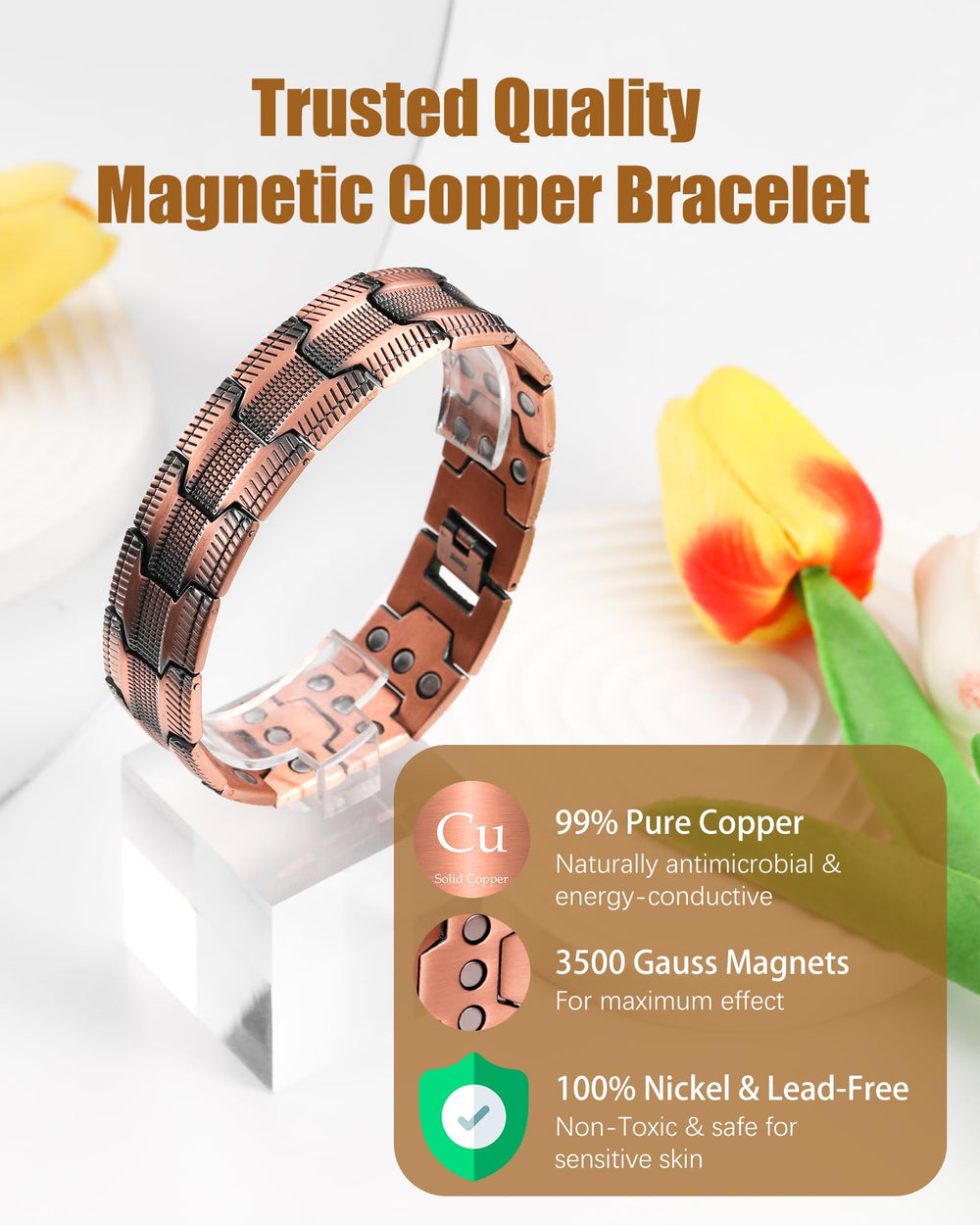 Jeracol bracelet demonstrates adjustable length with a sizing tool for a precise fit.