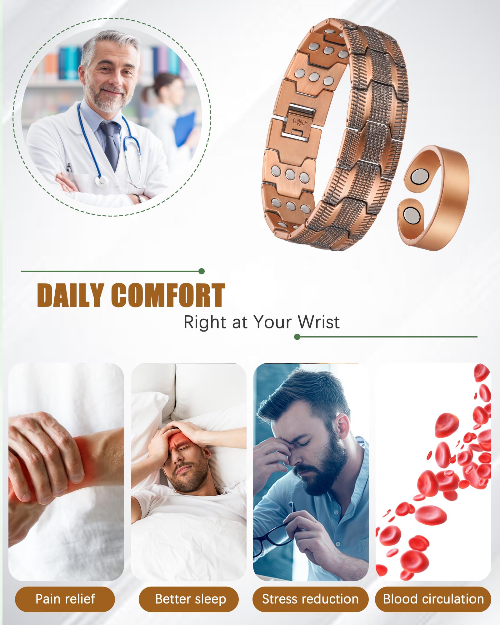 Jeracol copper bracelet features wheel-tread design with masculine industrial style.