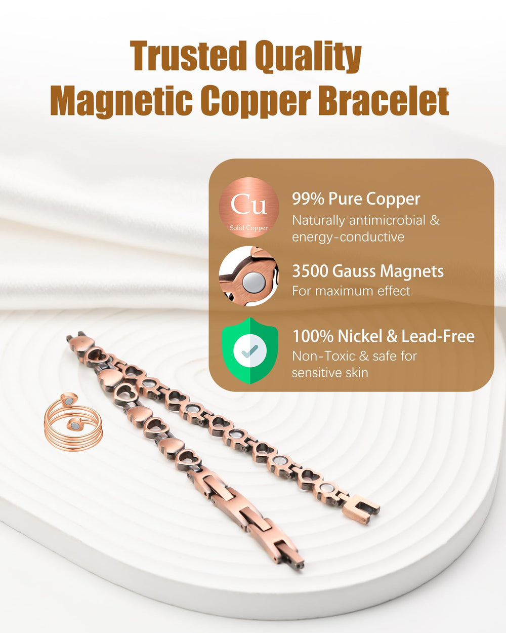 Jeracol copper bracelet and ring set close-up showing pure copper texture