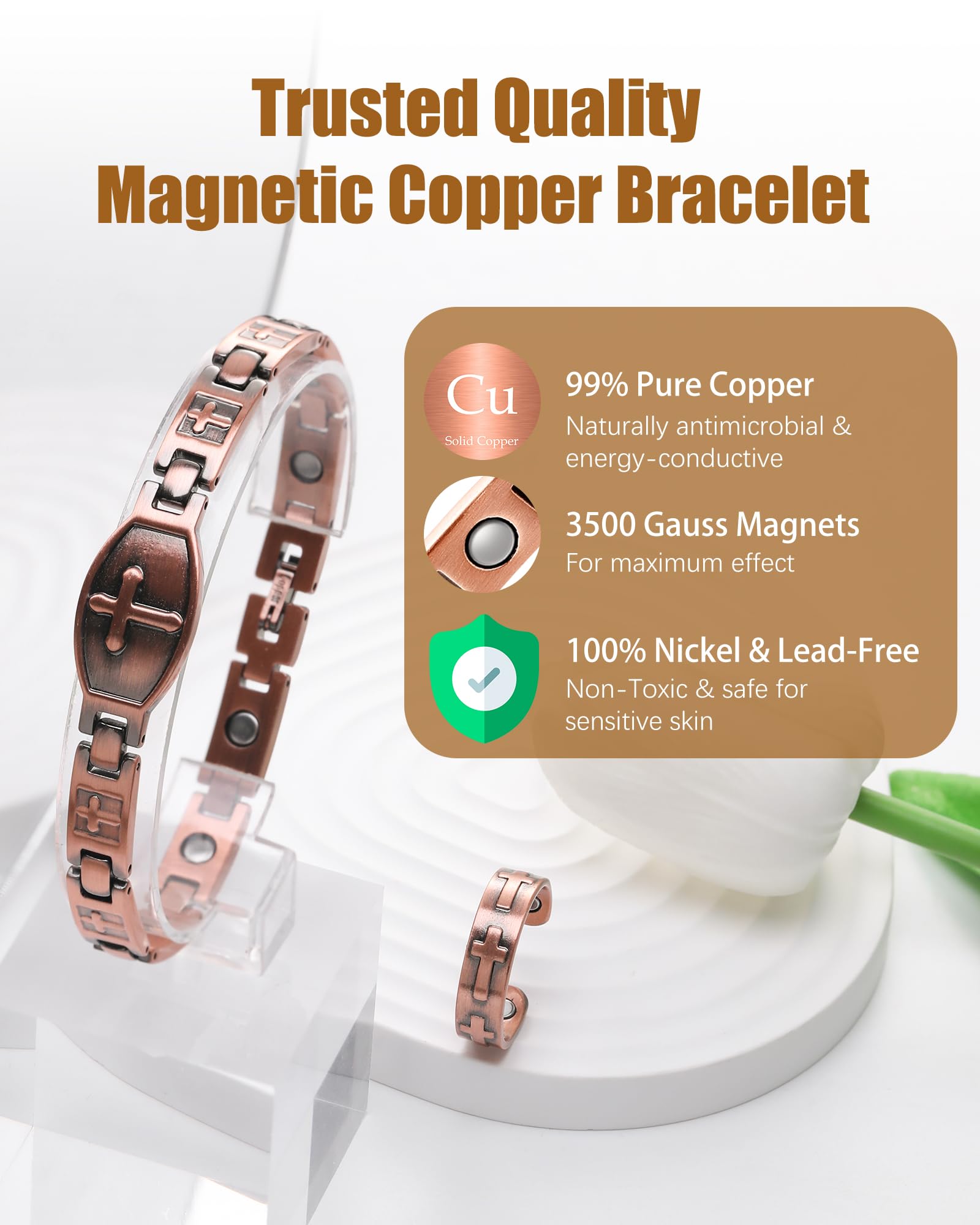 Jeracol copper ring close-up showing pure 99.9% copper and nickel-free design.